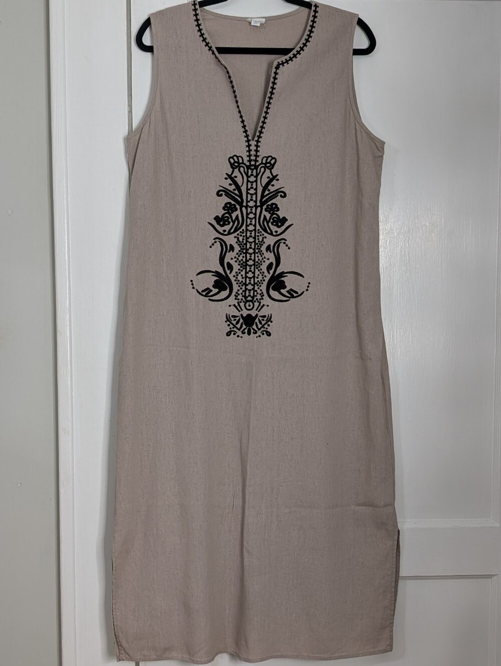 Sigrid Olsen Linen Sleeveless Midi Embroidered Shift Dress L Boho Coastal Taupe